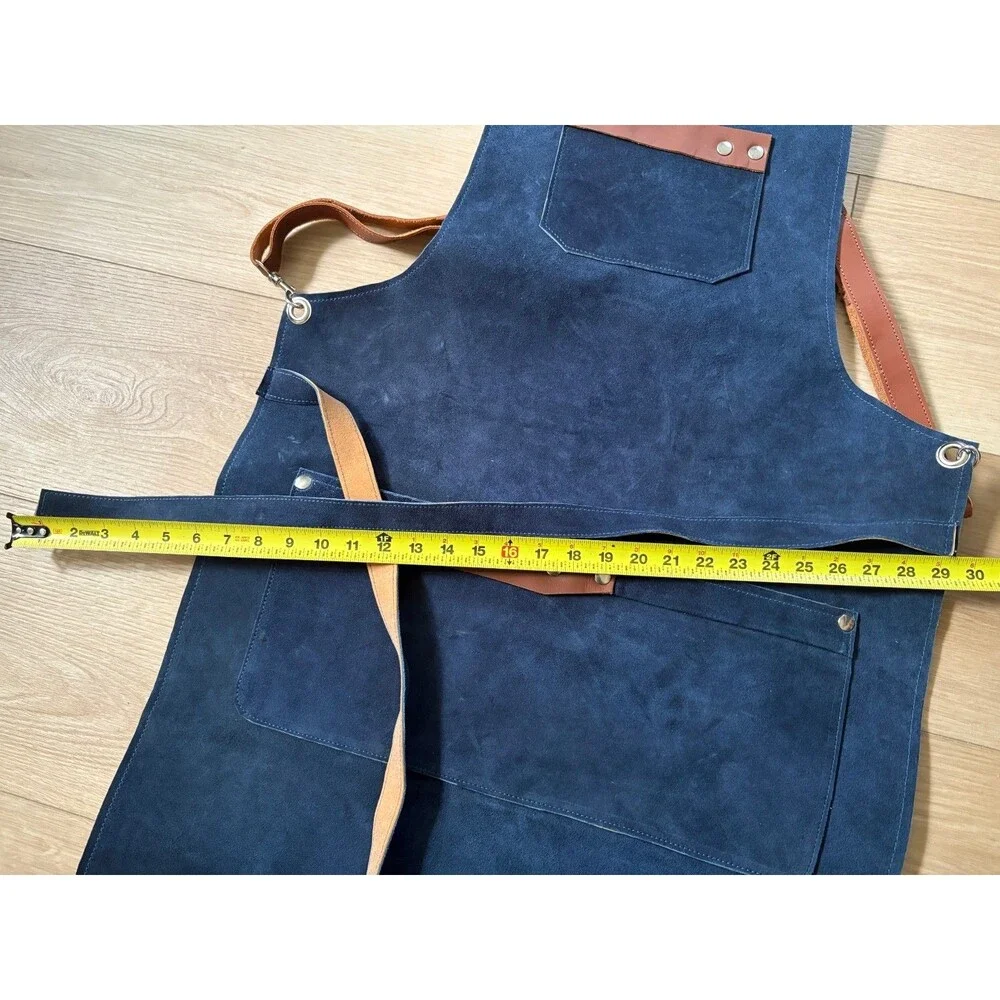 Blue Suede Leather Apron Adjustable Crossback Straps Chef Grilling Workshop